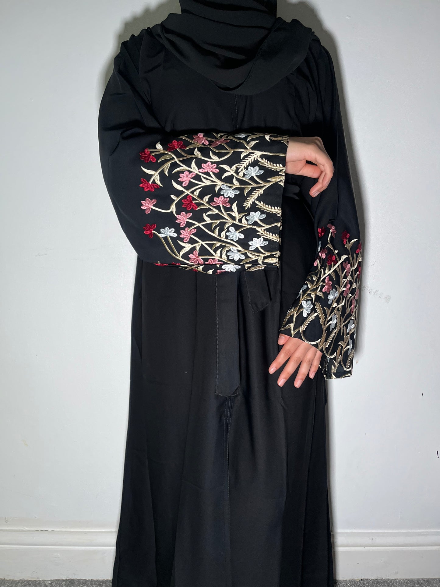 Yusra Abaya - 3 Piece Embroidered Open Abaya with Snap On Buttons for Women