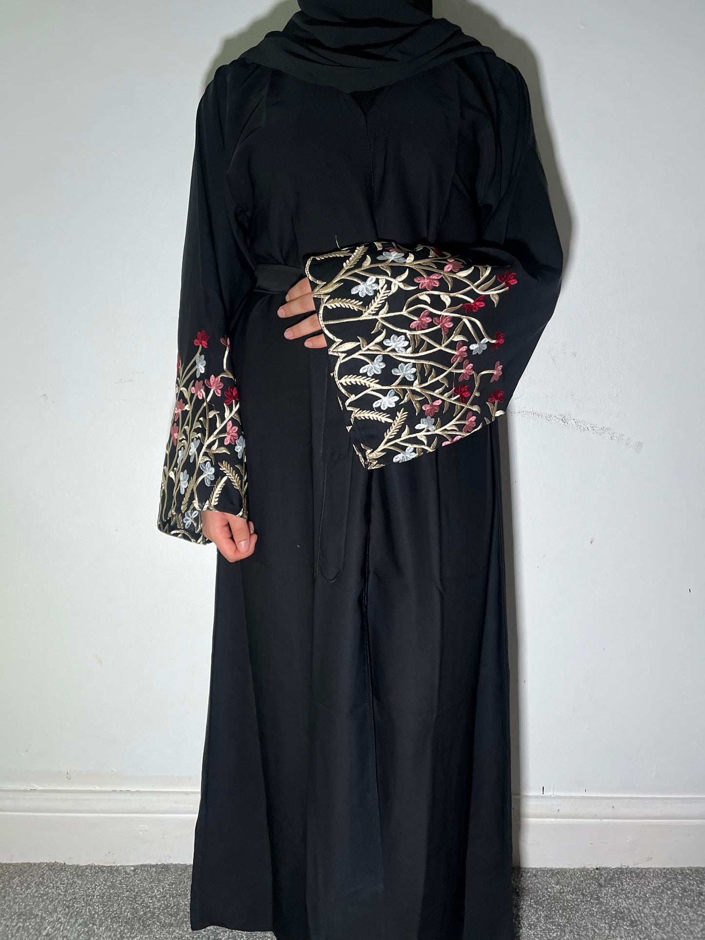 Yusra Abaya - 3 Piece Embroidered Open Abaya with Snap On Buttons for Women