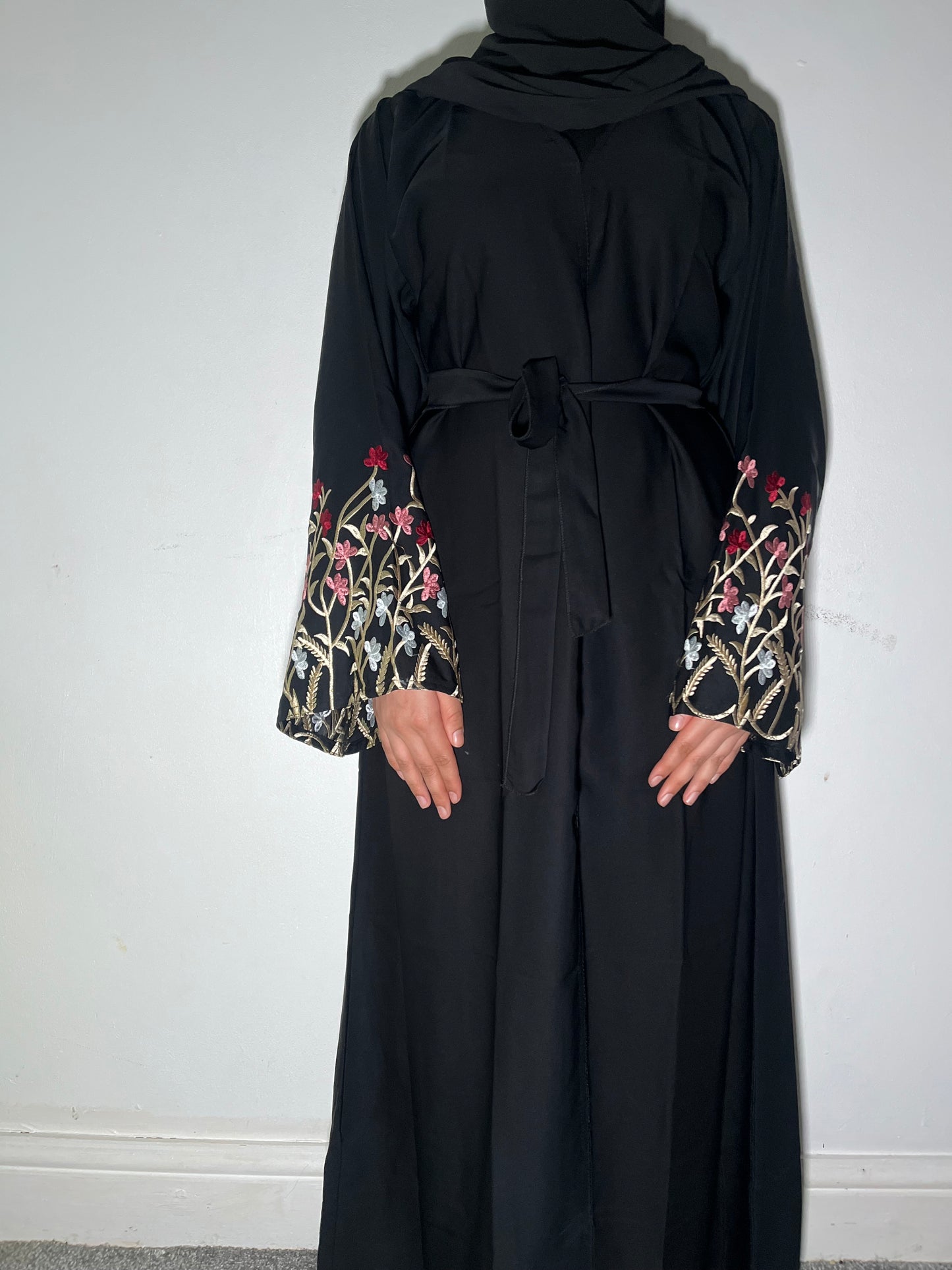 Yusra Abaya - 3 Piece Embroidered Open Abaya with Snap On Buttons for Women
