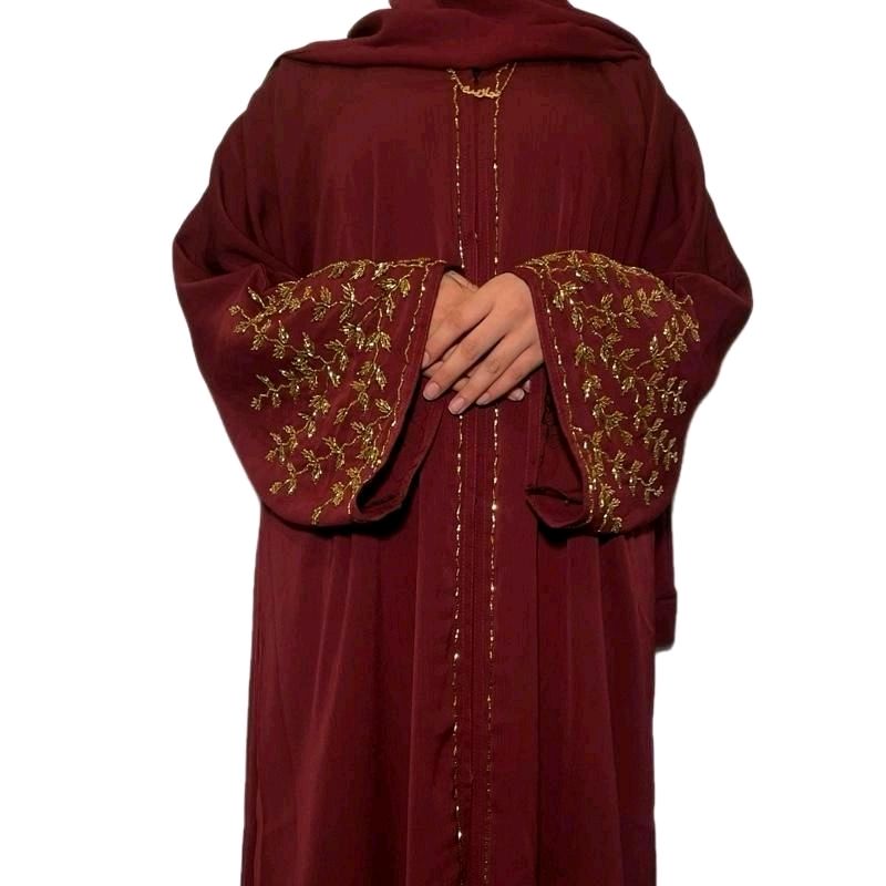 Riya Abaya 3 Piece Set Party Wear Fancy Abaya with Embellishments 3 Colours Available Red Gold Design love
