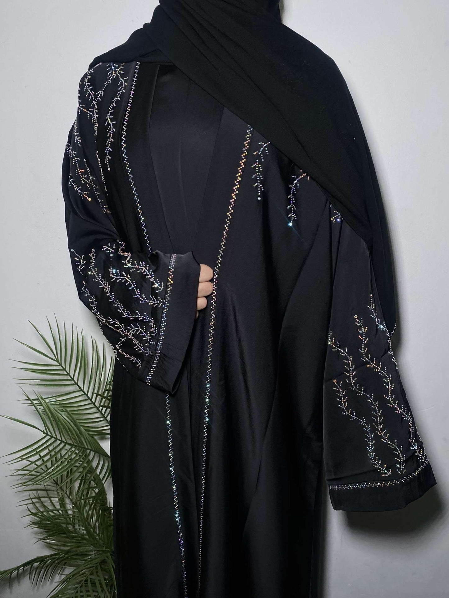 Marwa Abaya with Rhinestone Gems Sleeves Shoulders Back - 4 Piece Set