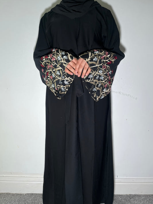 Yusra Abaya - 3 Piece Embroidered Open Abaya with Snap On Buttons for Women