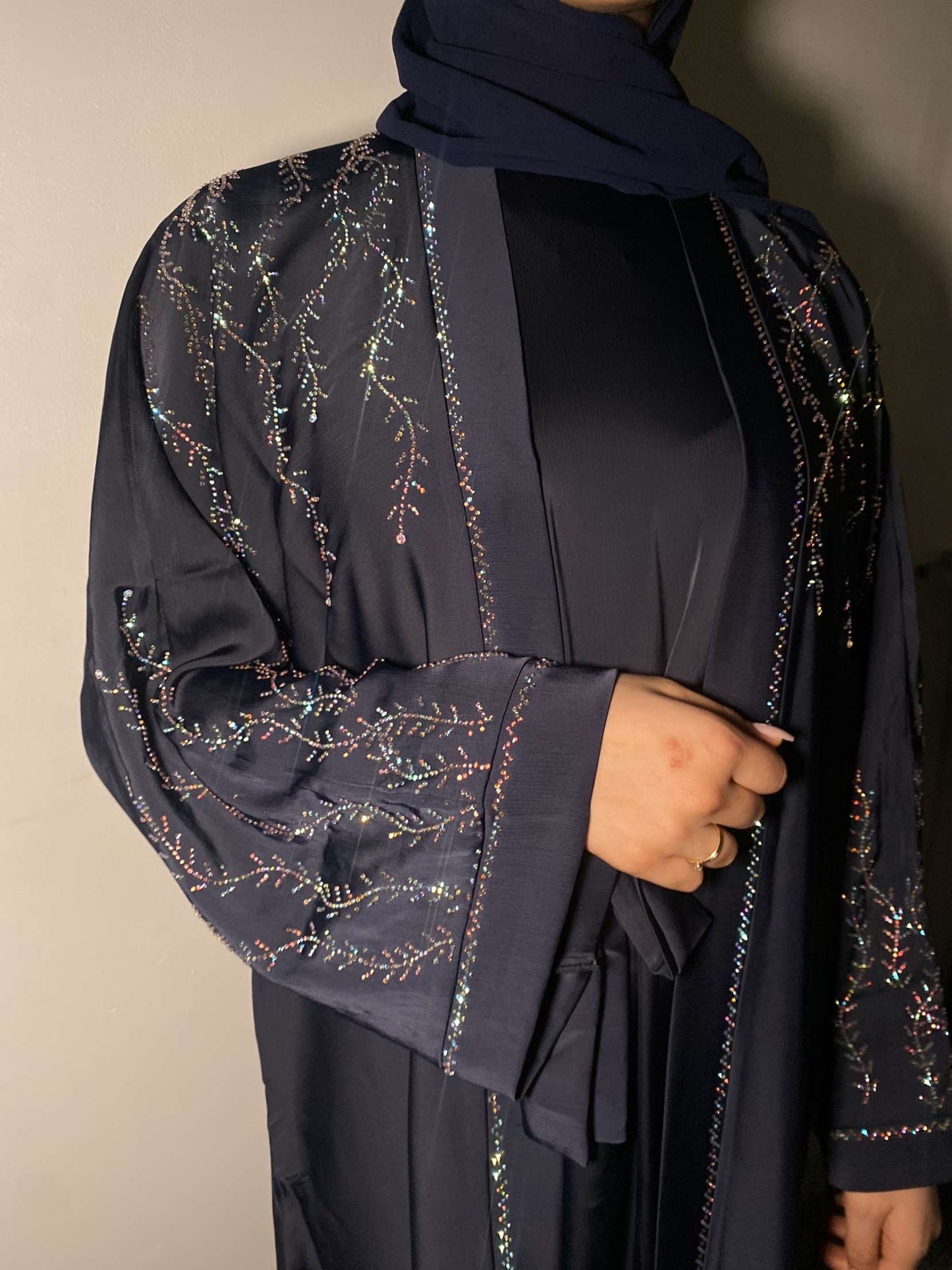 Marwa Abaya with Rhinestone Gems Sleeves Shoulders Back - 4 Piece Set