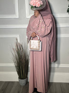 Zahra Abaya with Flower Embellishment, Matching Belt and Scarf Open Abaya Set