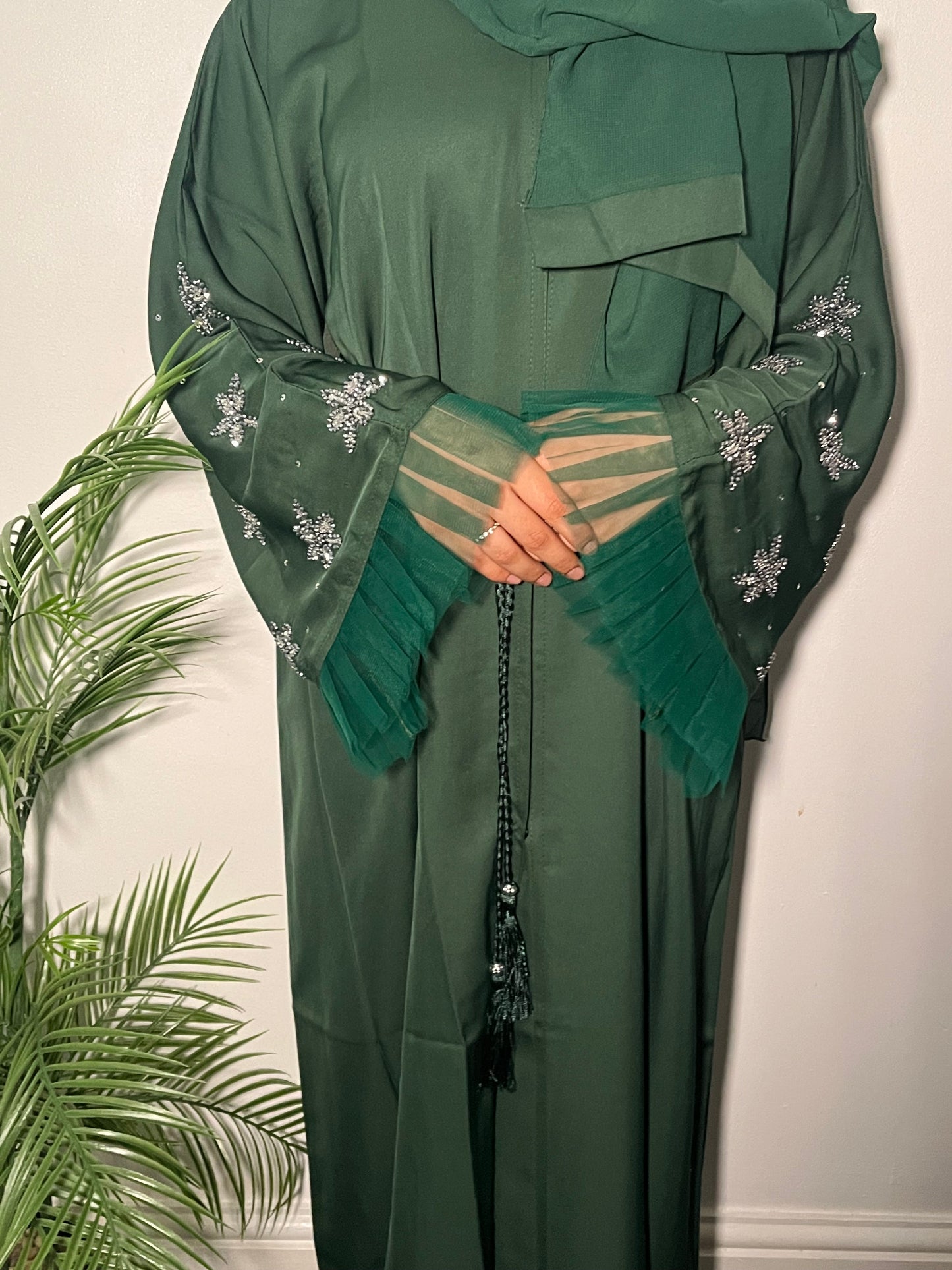 Leena Abaya in Green - 3 piece set with net and embroidery