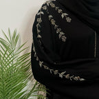 Rida Abaya with Intricate Gold & Silver Embellishments - Essential Party Open Abaya Luxury U Neck Black Color Elegant Design for Any Occasion
