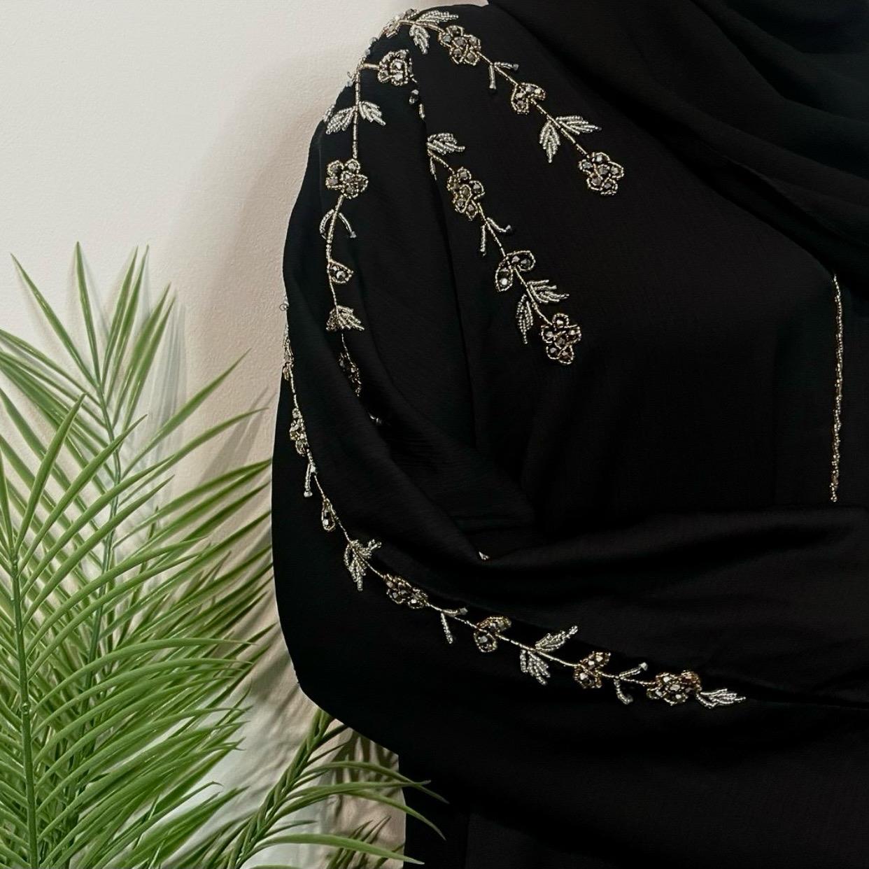 Rida Abaya with Intricate Gold & Silver Embellishments - Essential Party Open Abaya Luxury U Neck Black Color Elegant Design for Any Occasion