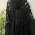 Rida Abaya with Intricate Gold & Silver Embellishments - Essential Party Open Abaya Luxury U Neck Black Color Elegant Design for Any Occasion