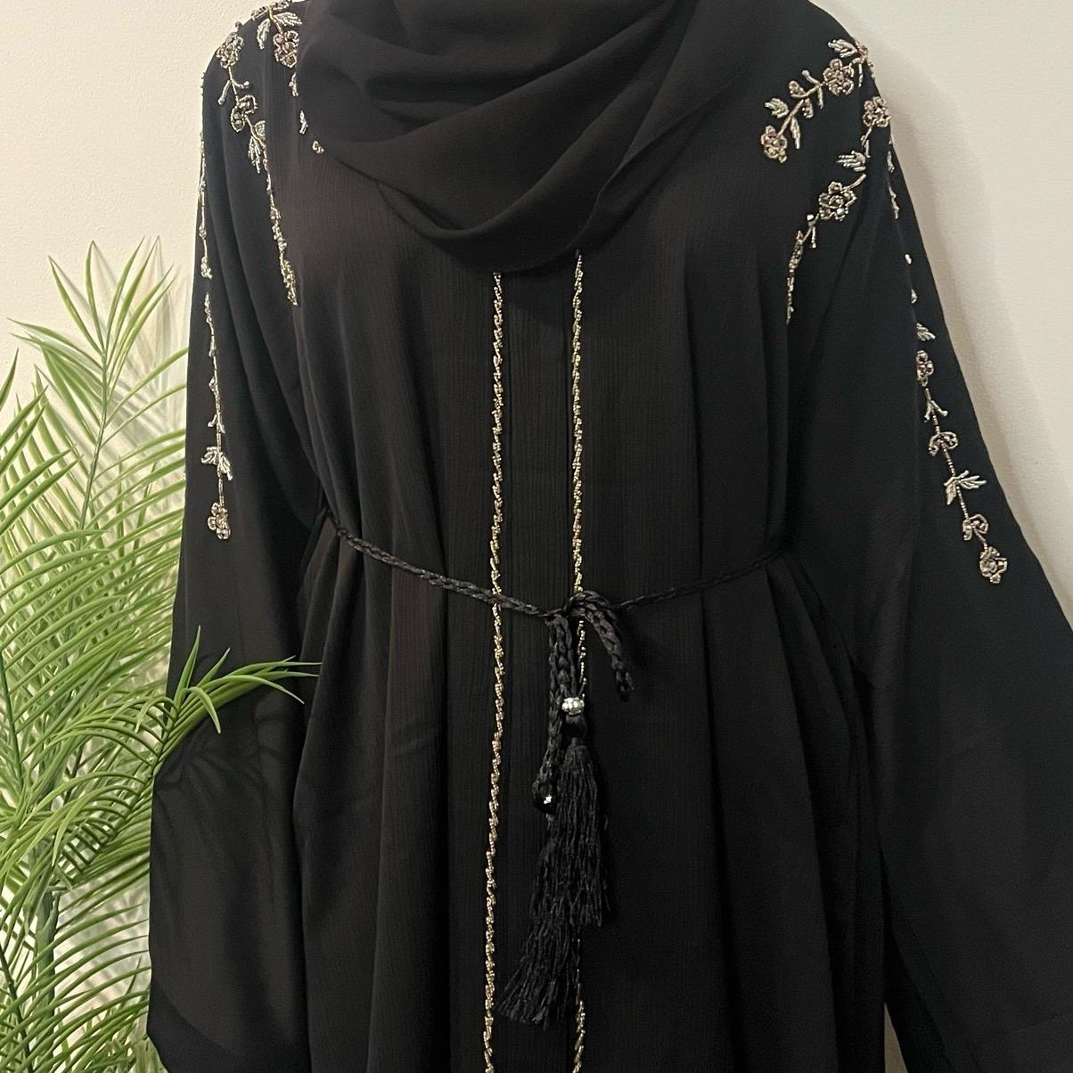 Rida Abaya with Intricate Gold & Silver Embellishments - Essential Party Open Abaya Luxury U Neck Black Color Elegant Design for Any Occasion