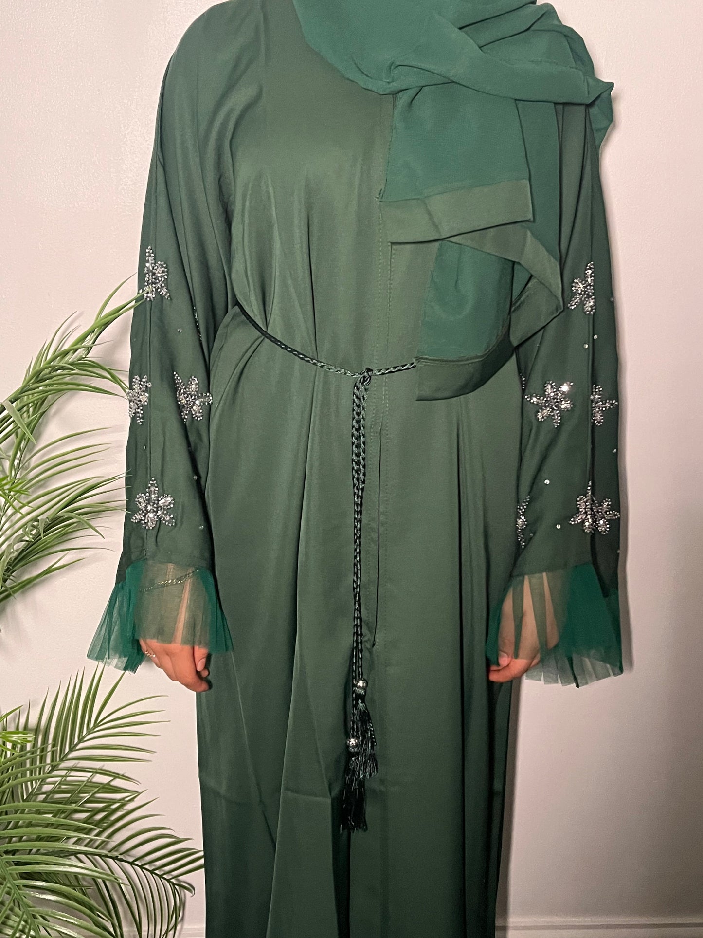 Leena Abaya in Green - 3 piece set with net and embroidery