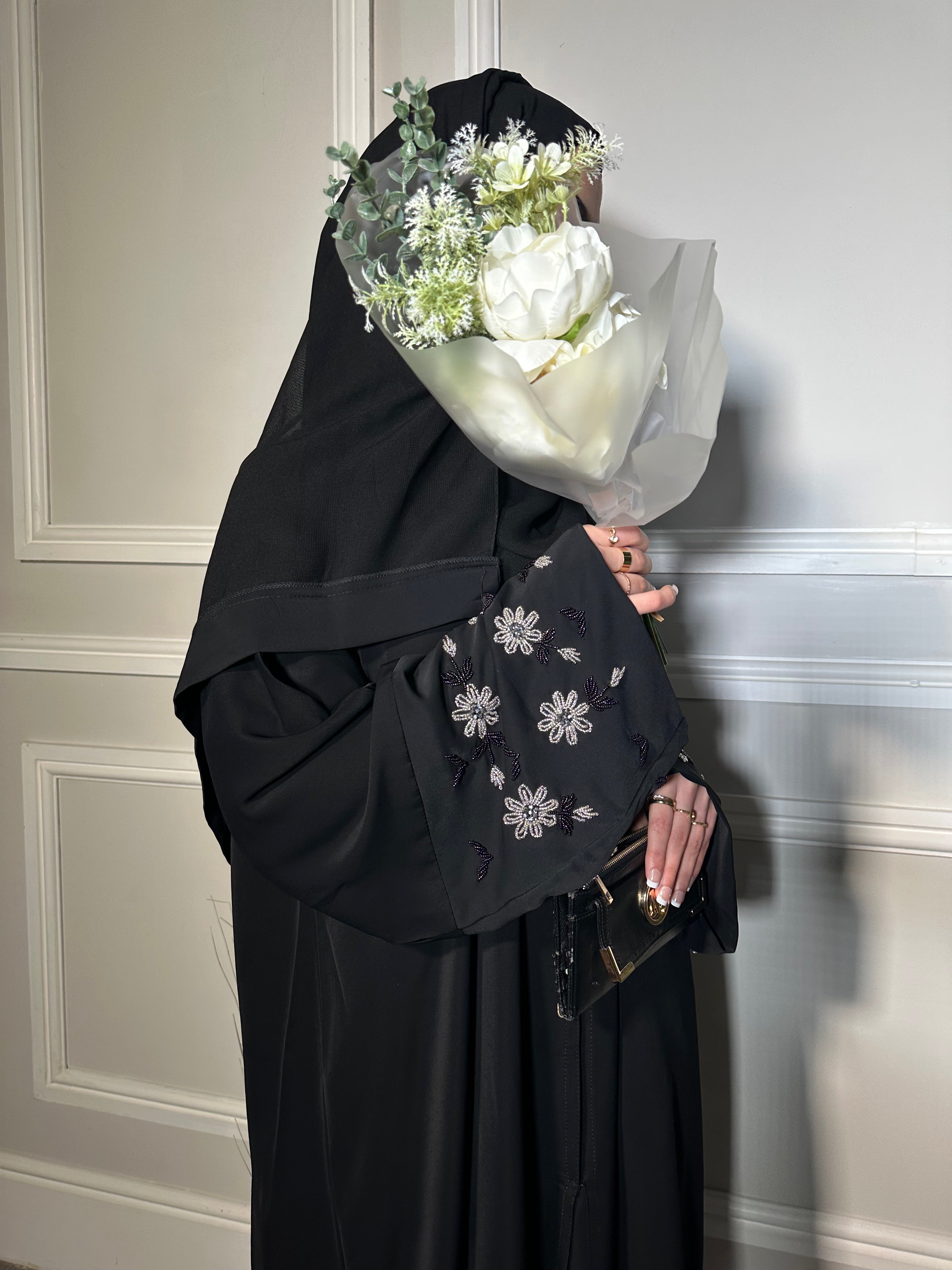 Zahra Abaya with Flower Embellishment, Matching Belt and Scarf Open Abaya Set