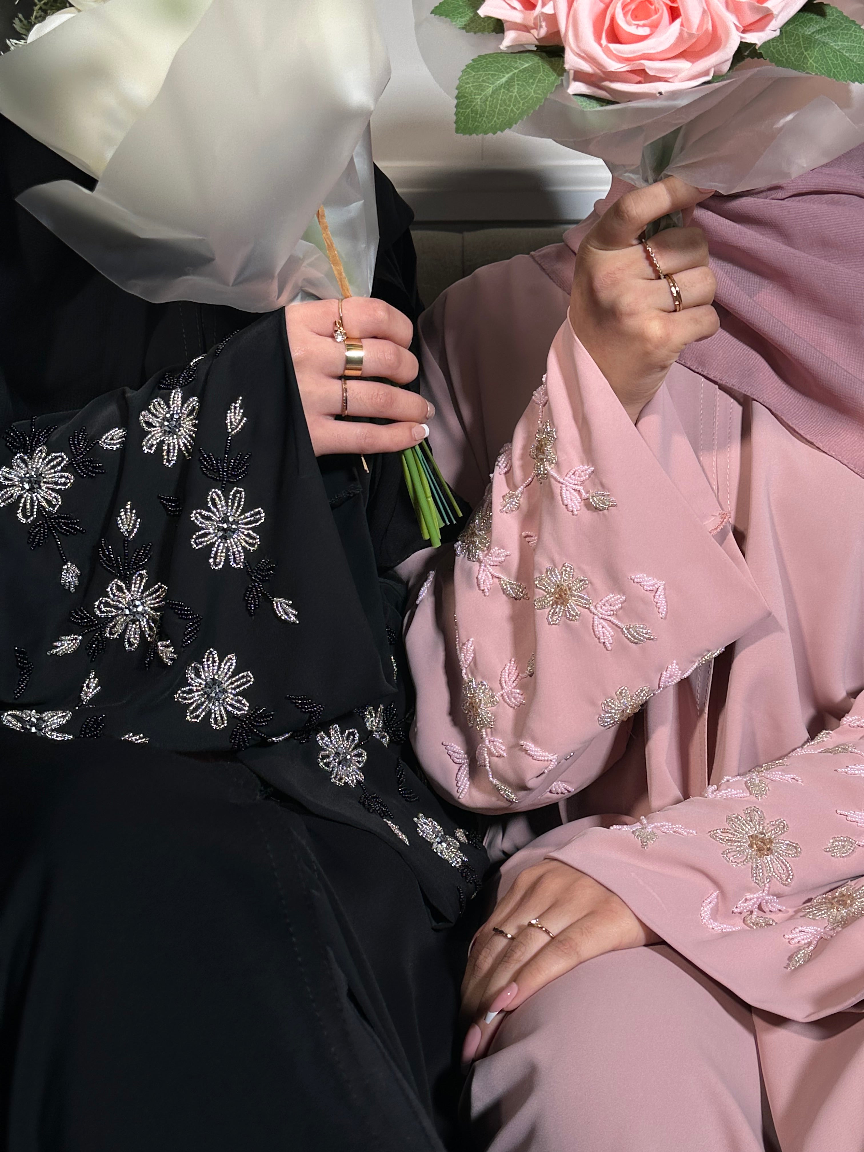 Zahra Abaya with Flower Embellishment, Matching Belt and Scarf Open Abaya Set