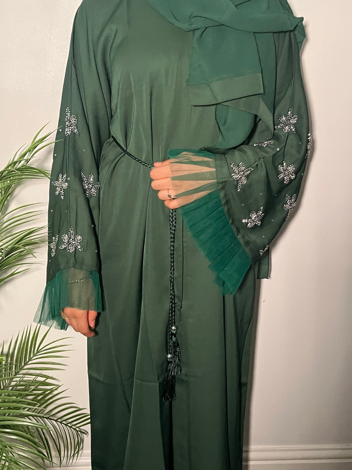 Leena Abaya in Green - 3 piece set with net and embroidery