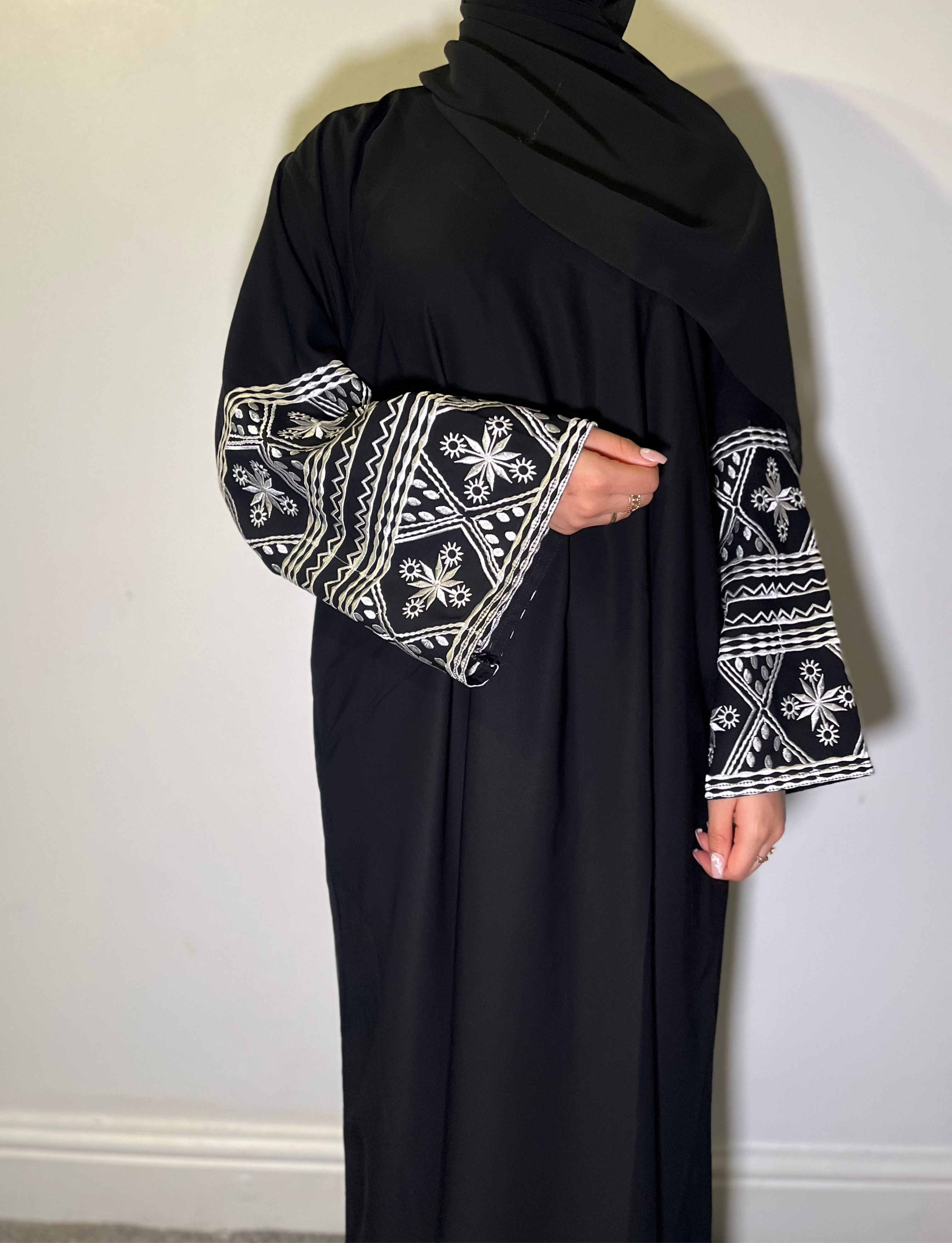 Safa Abaya with Embroidered Sleeves and Pockets - Premium Nida Fabric essential hitam ramadan embroidery elegant daily