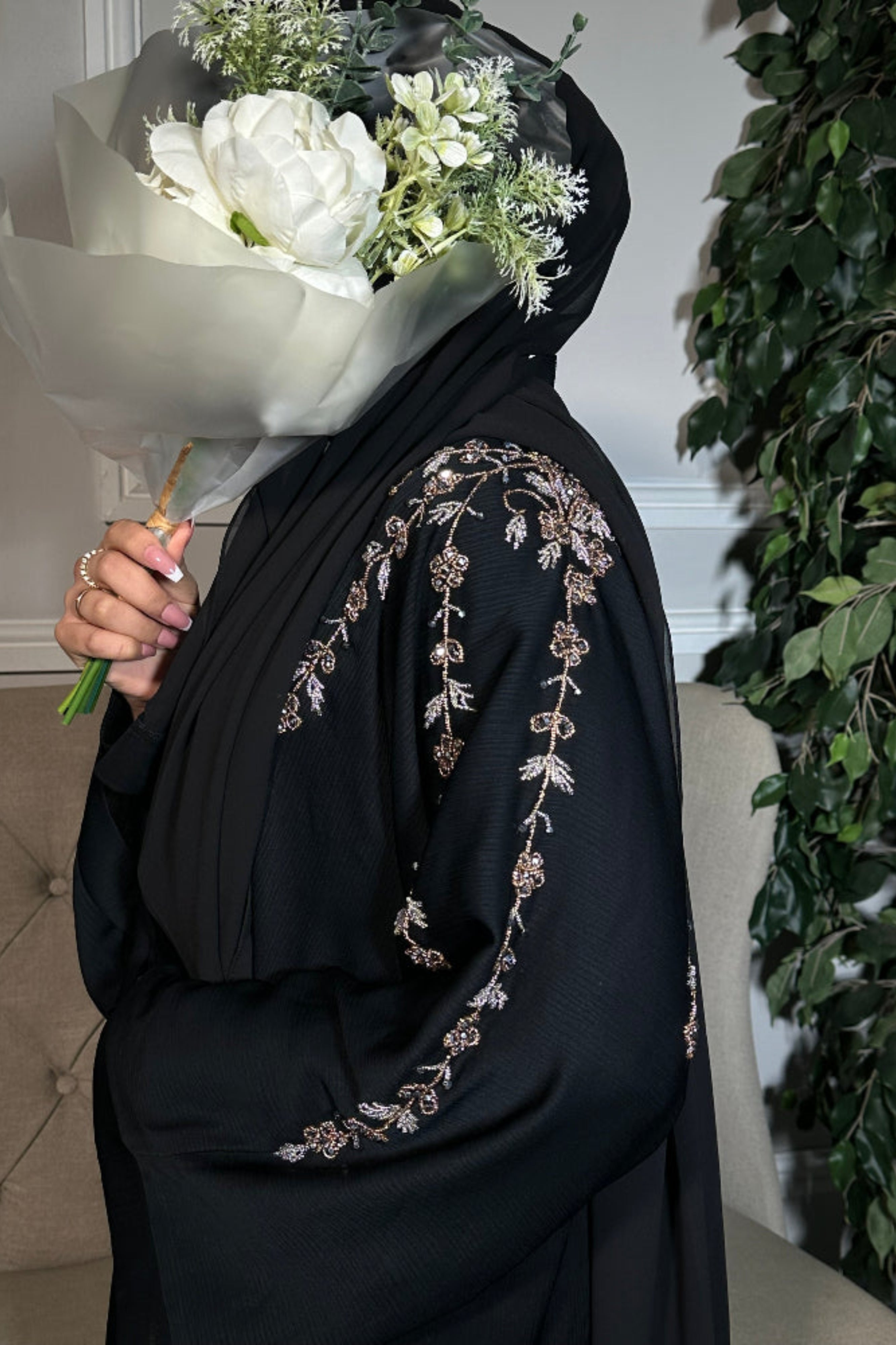 Rida Abaya with Intricate Gold & Silver Embellishments - Essential Party Open Abaya Luxury U Neck Black Color Elegant Design for Any Occasion