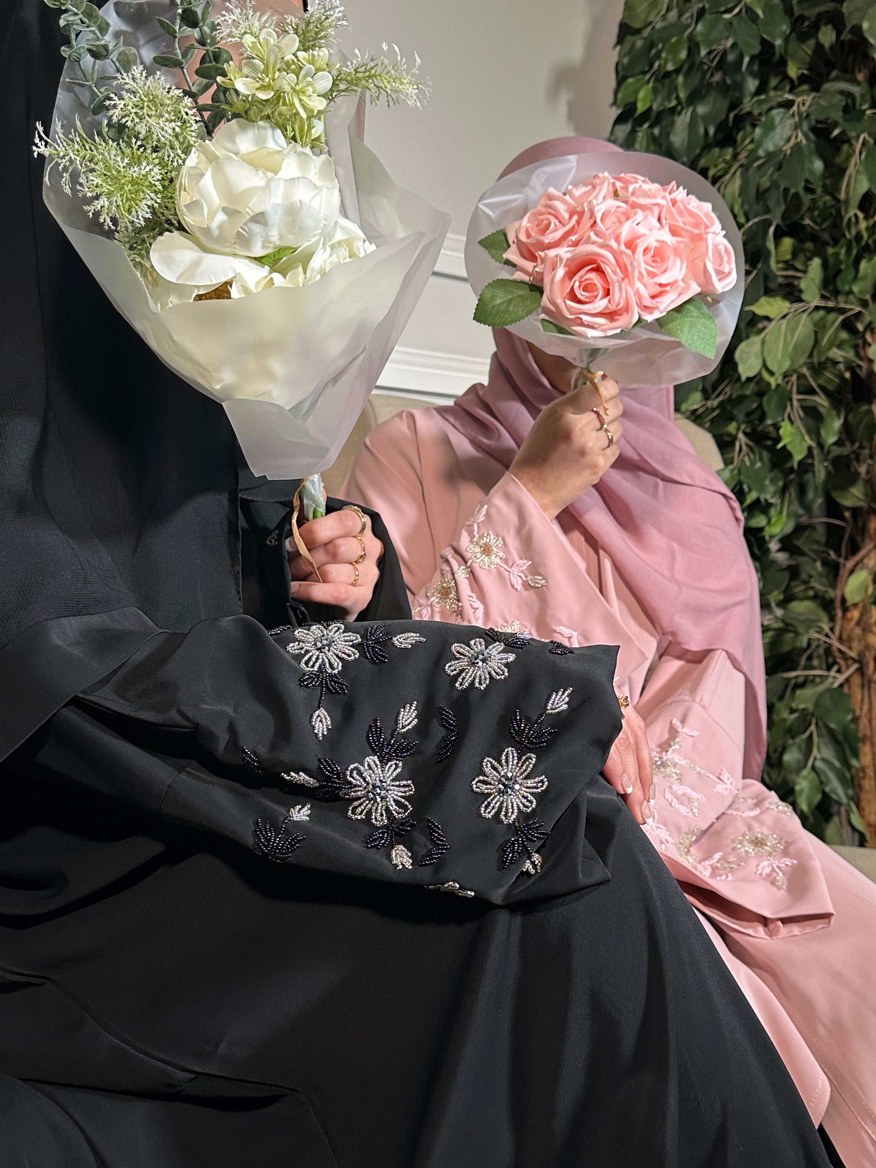 Zahra Abaya with Flower Embellishment, Matching Belt and Scarf Open Abaya Set