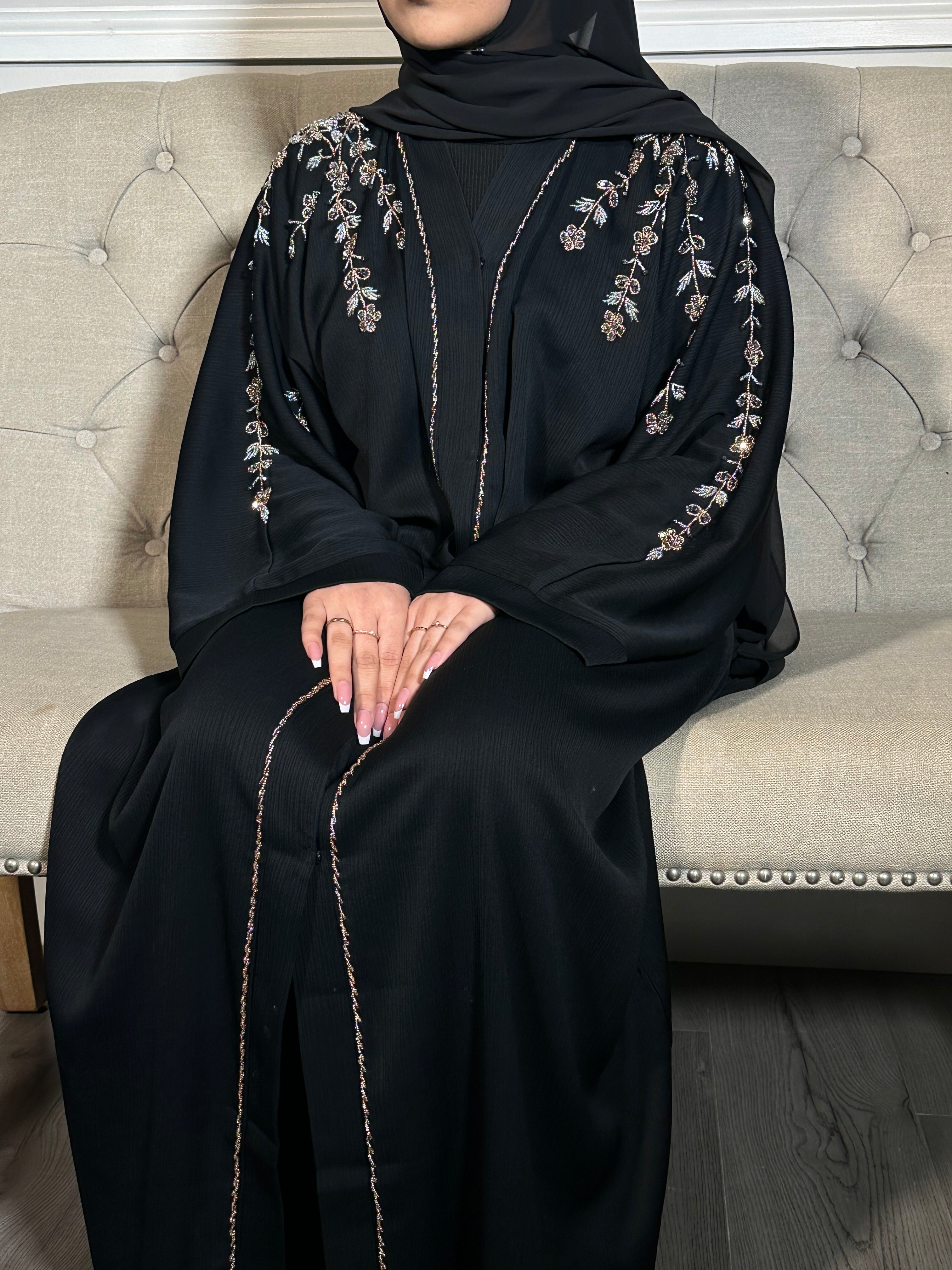 Rida Abaya with Intricate Gold & Silver Embellishments - Essential Party Open Abaya Luxury U Neck Black Color Elegant Design for Any Occasion