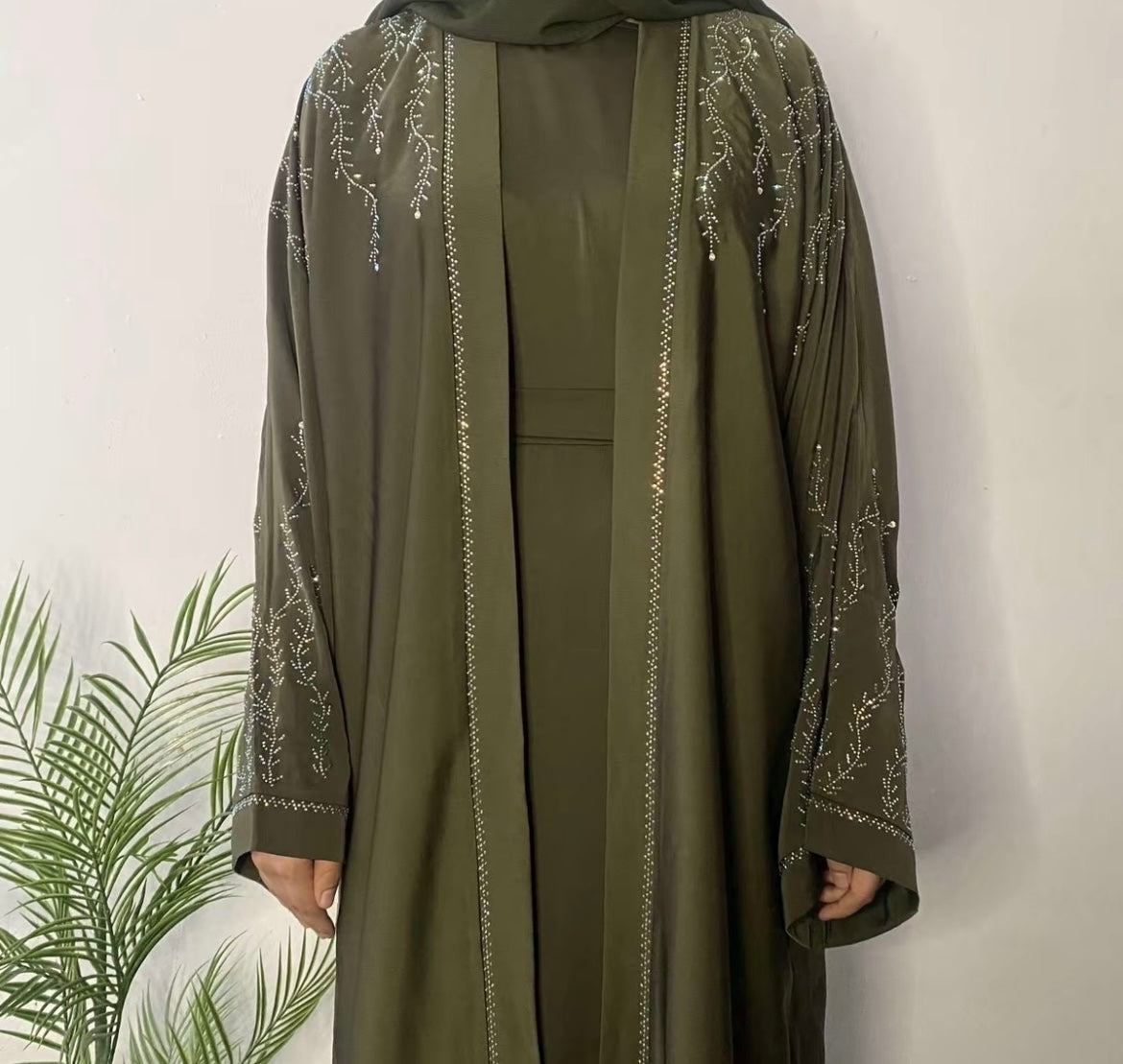 Marwa Abaya with Rhinestone Gems Sleeves Shoulders Back - 4 Piece Set