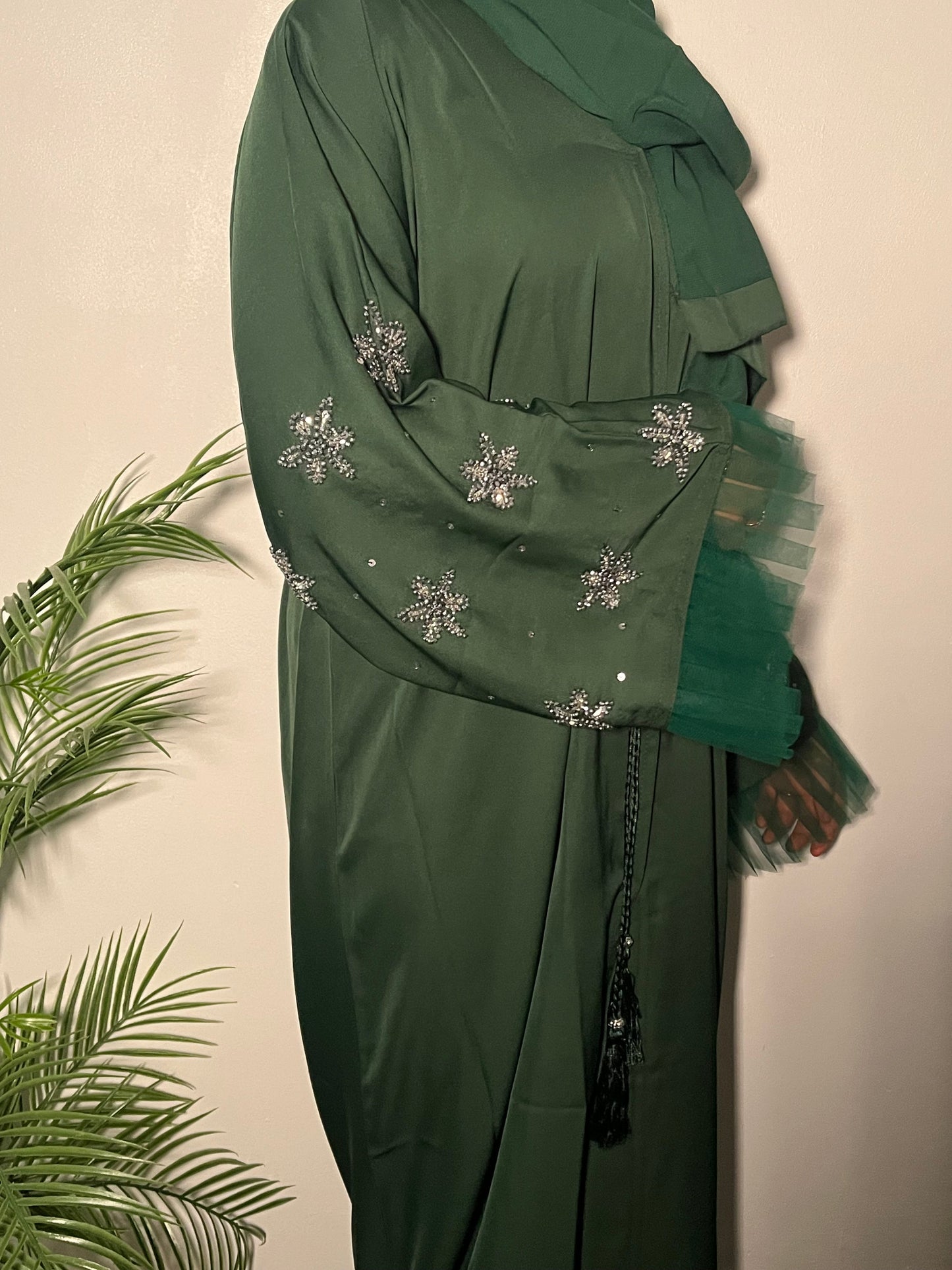 Leena Abaya in Green - 3 piece set with net and embroidery