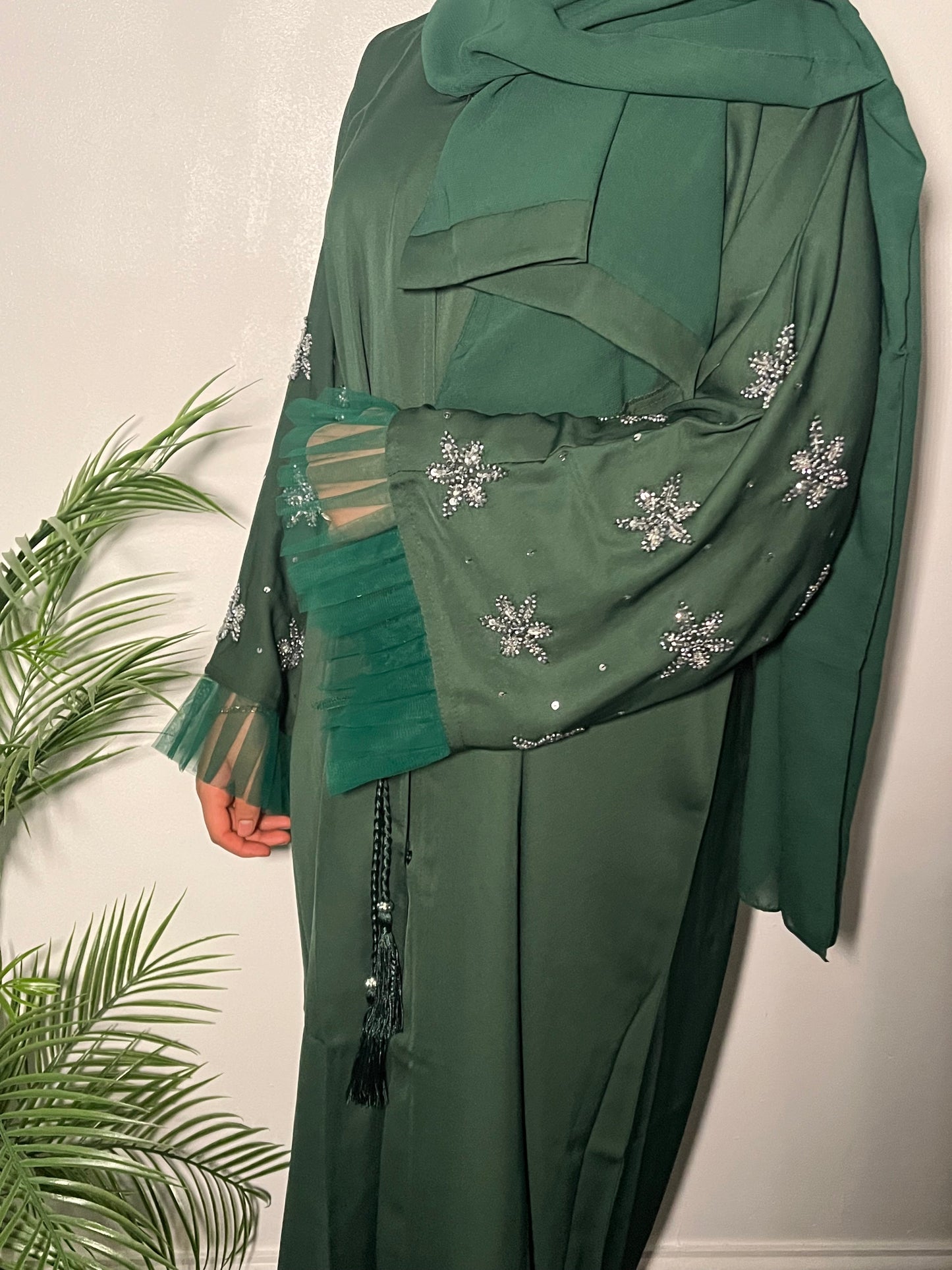 Leena Abaya in Green - 3 piece set with net and embroidery