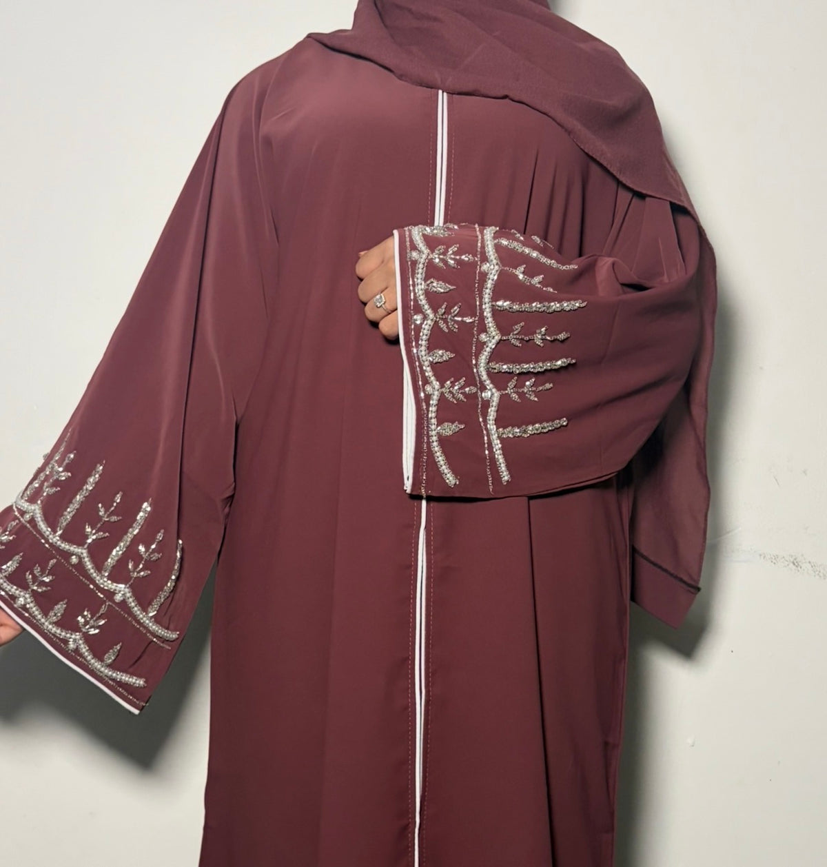 Amirah Abaya Pink Black Mint Green Embellished Silver Detailing Scarf & Belt Set for Elegant Party Wear