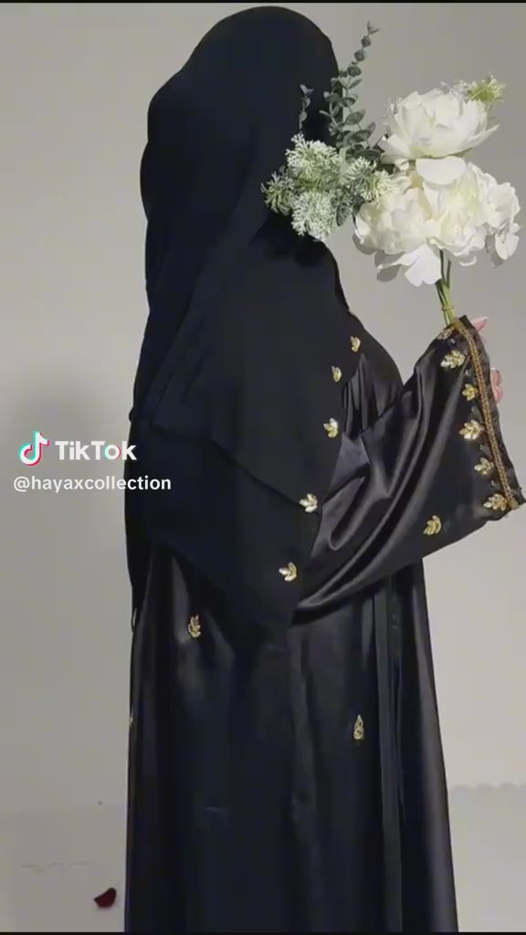 Amani Abaya silk satin gold flower stone & Scarf & Belt Set for  Elegant Modesty Wear