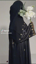 Amani Abaya silk satin gold flower stone & Scarf & Belt Set for  Elegant Modesty Wear