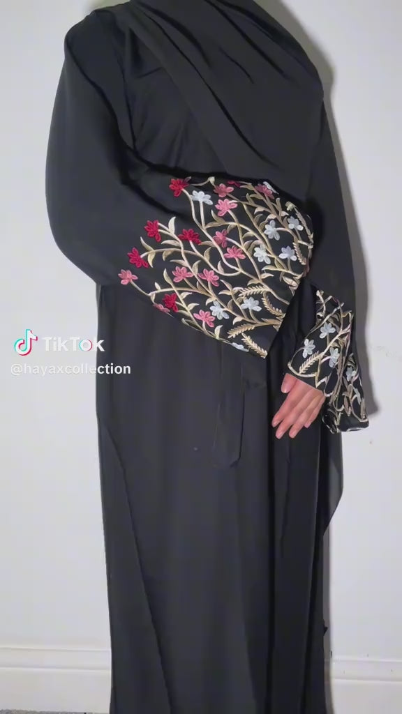 Yusra Abaya with Beautiful Flower Embroidery for Modesty in Black Elegant and Stylish