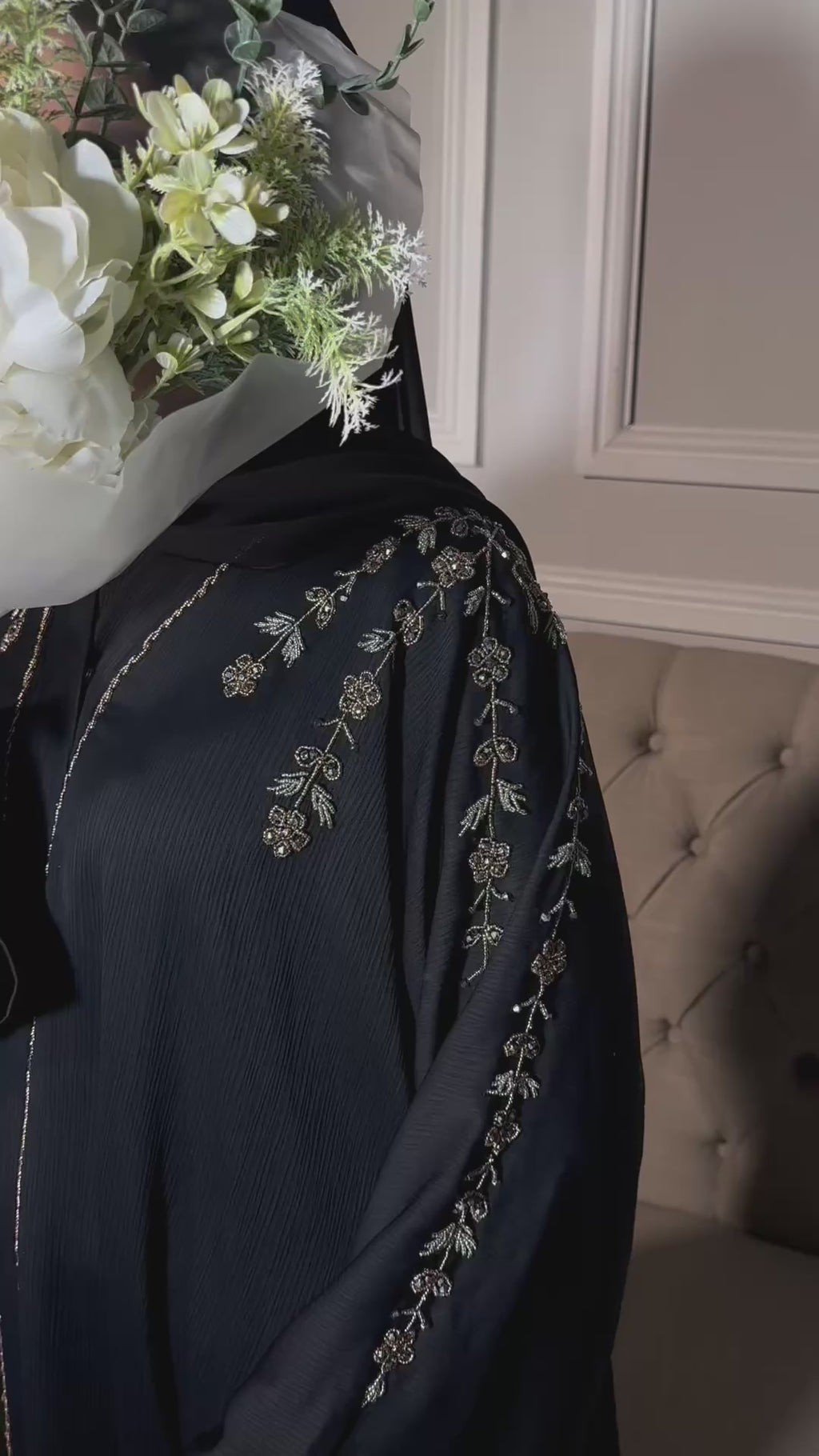 Rida Abaya with Intricate Gold & Silver Embellishments - Essential Party Open Abaya Luxury U Neck Black Color Elegant Design for Any Occasion