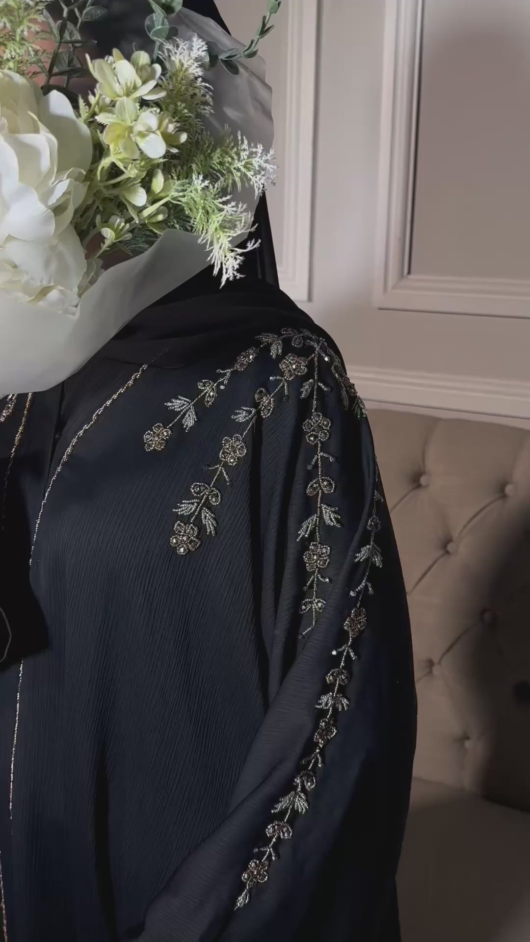 Rida Abaya with Intricate Gold & Silver Embellishments - Essential Party Open Abaya Luxury U Neck Black Color Elegant Design for Any Occasion
