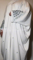 Huma Abaya Modesty - White with Silver Embellishments, Long Sleeve U Neck, Soft Fabric, Elegant Design for Occasion