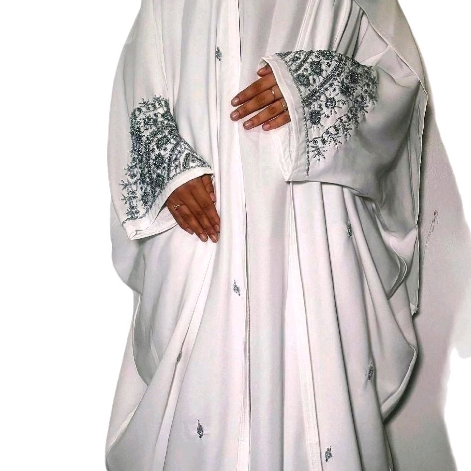 Huma Abaya in White with Silver Embellishments Scarf and Inner Slip Elegant Abaya Nikaah abaya love