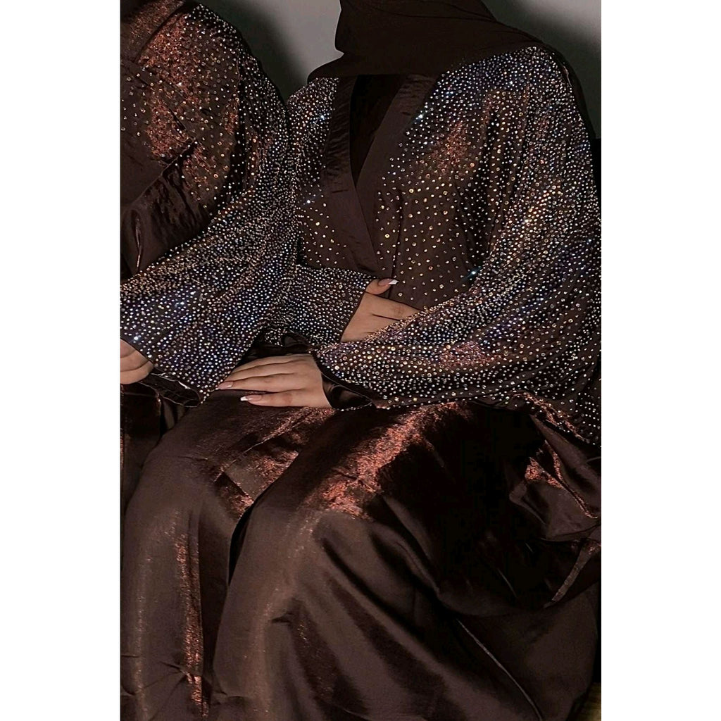 Loujain Abaya 3 Piece Set - Elegant Silk Satin & Organza with Rhinestone Details for Eid Parties & Special Occasions