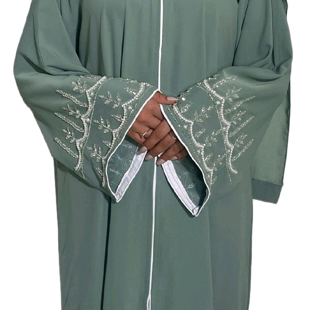 Amirah Abaya in Elegant Silver Embellishment Scarf and Belt for Any Occasion Party to Wear with Intricate Silver Detailing
