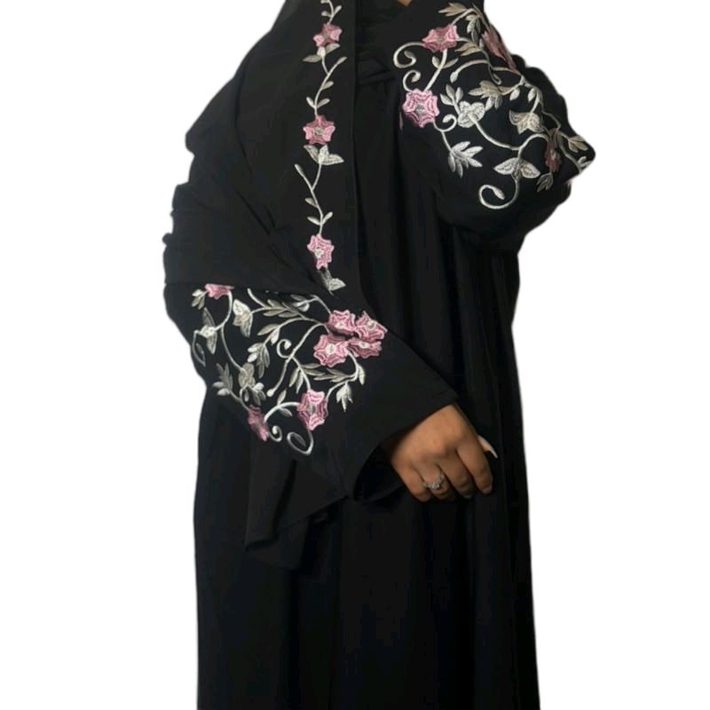 Amina Embroidery Abaya Comfortable 3 Piece Set Includes Belt Embroidered Scarf