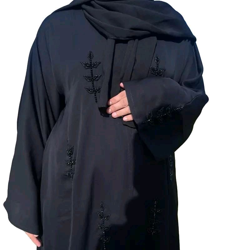Isma Abaya with Intricate Black Embellishment 3 Piece Set Open Abaya Matching Scarf Rope Belt