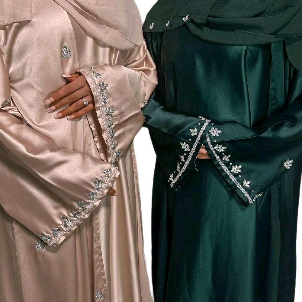 Amani Abaya with in Black its Gold bead Champagne, Emerald green Silver Beads Scarf Inner Slip and Outer Abaya For Any Occasion