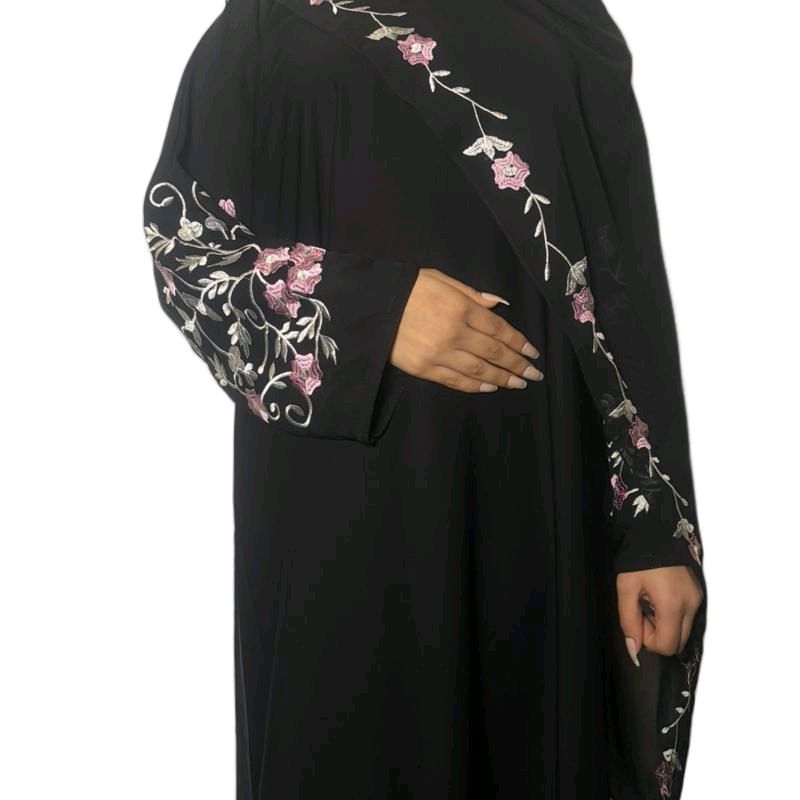 Amina Embroidery Abaya Comfortable 3 Piece Set Includes Belt Embroidered Scarf