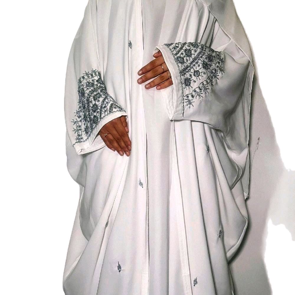 Huma Abaya in White with Silver Embellishments Scarf and Inner Slip Elegant Abaya Nikaah abaya love