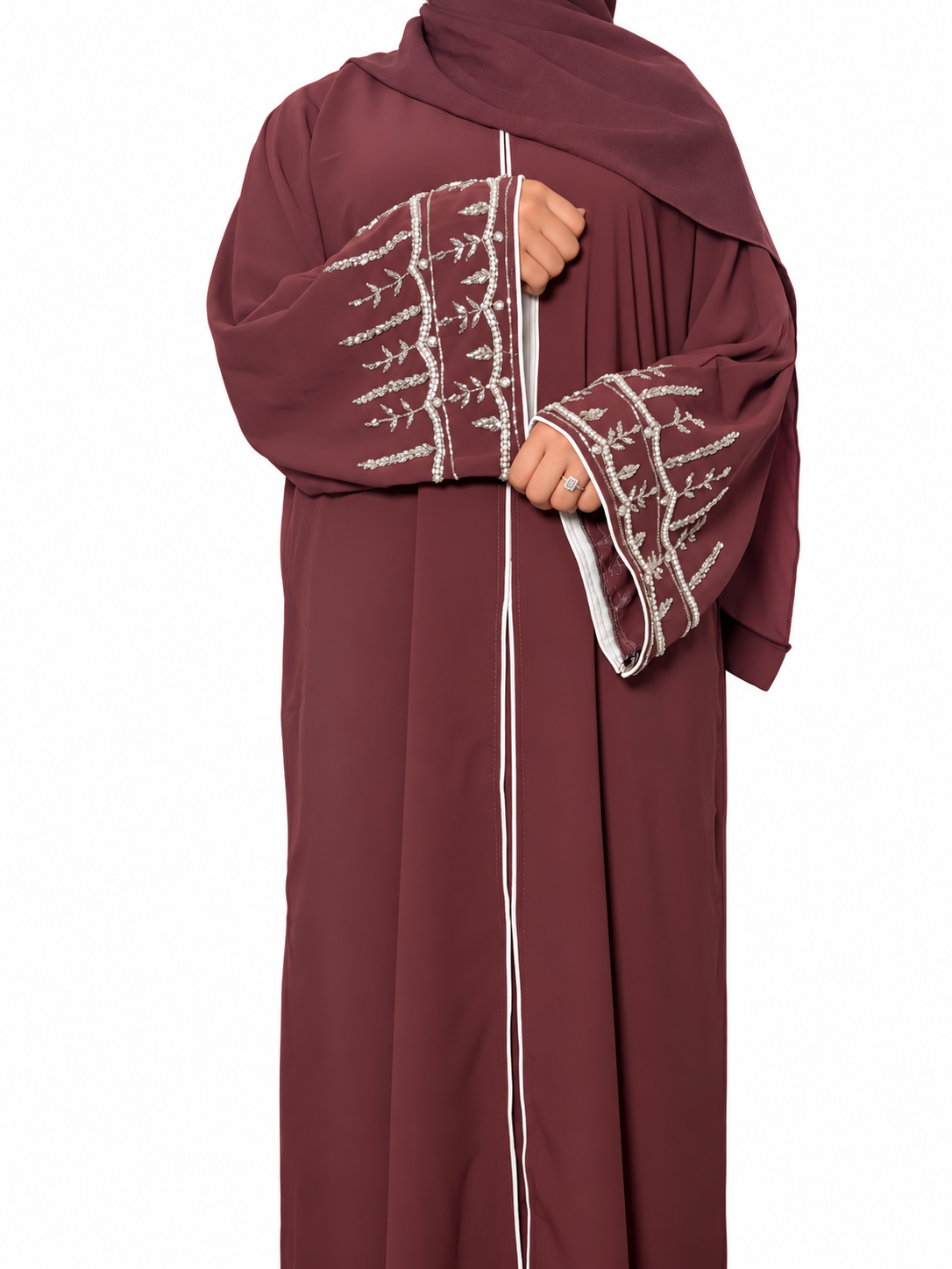 Amirah Abaya with Silver Embellishments, Matching Scarf & Belt – Elegant Party Wear