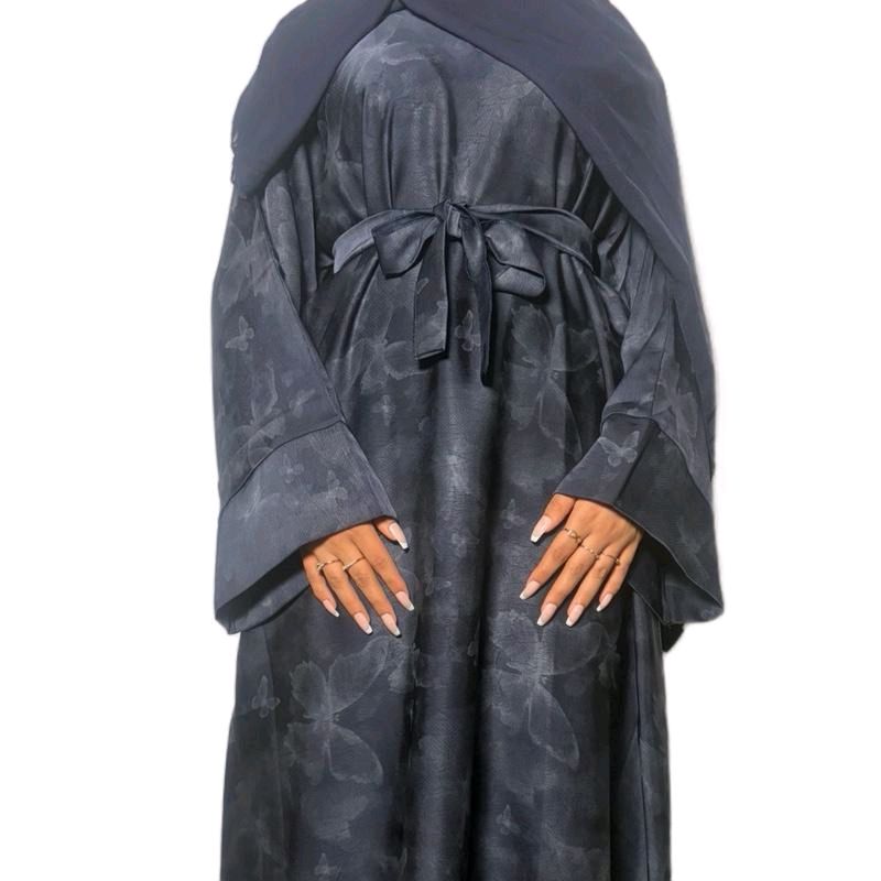 Farasha Abaya with Delicate Butterfly Pattern 3 Piece Set Including Abaya Belt and Scarf