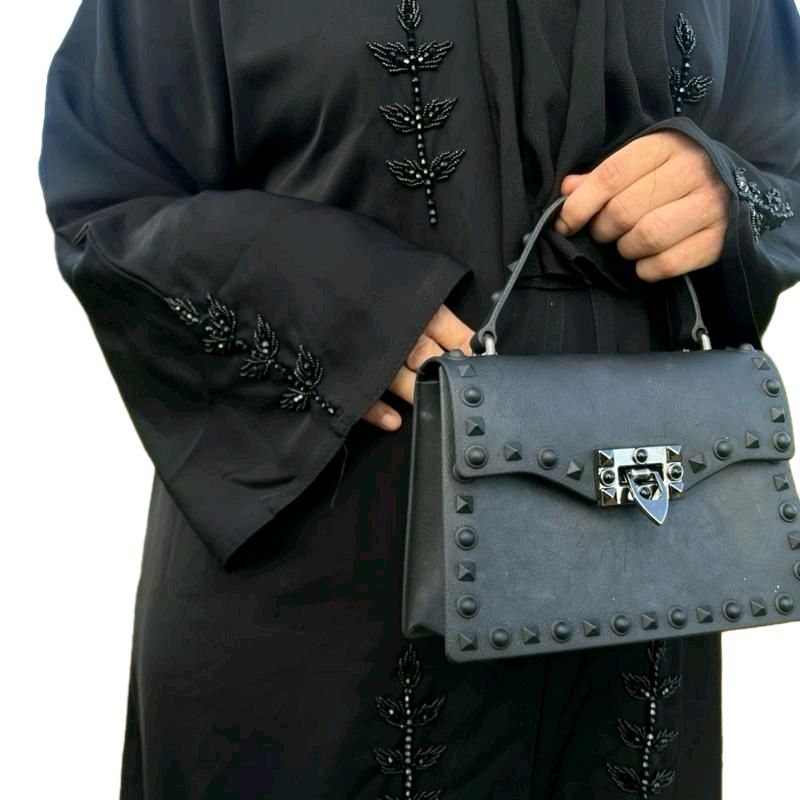Isma Abaya with Intricate Black Embellishment 3 Piece Set Open Abaya Matching Scarf Rope Belt