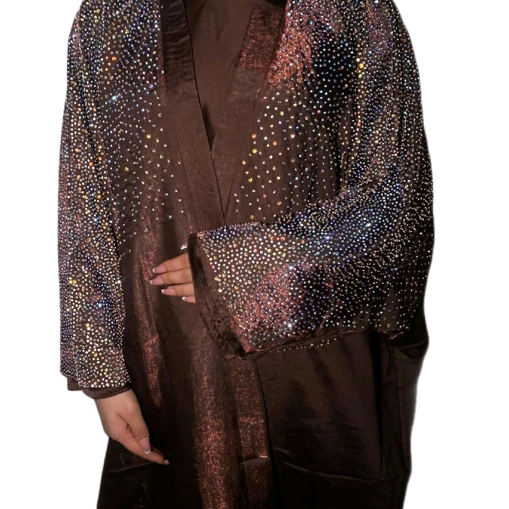 Loujain Abaya 3 Piece Set - Elegant Silk Satin & Organza with Rhinestone Details for Eid Parties & Special Occasions
