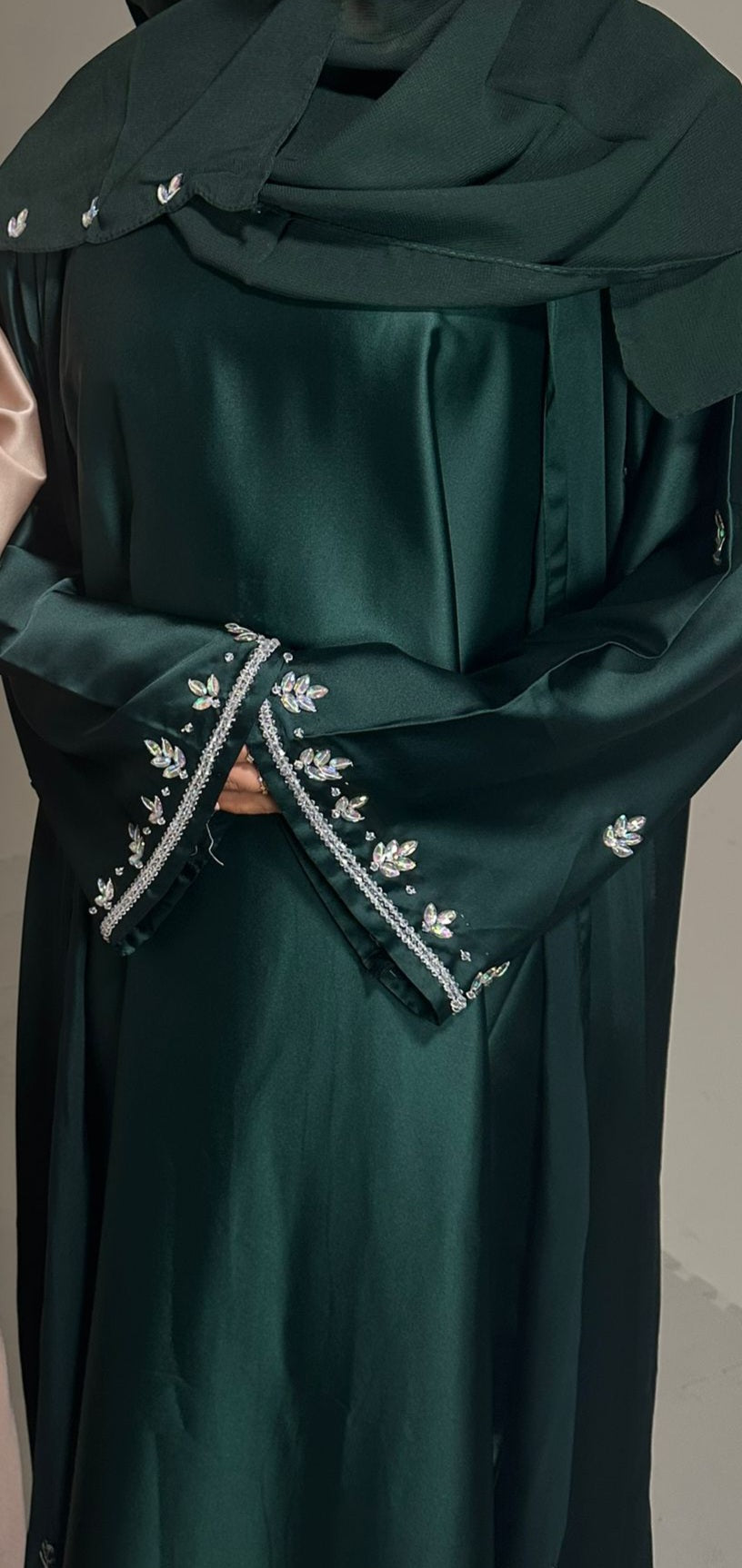 Amani Abaya with in Black its Gold bead Champagne, Emerald green Silver Beads Scarf Inner Slip and Outer Abaya For Any Occasion