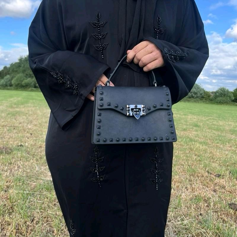 Isma Abaya with Intricate Black Embellishment 3 Piece Set Open Abaya Matching Scarf Rope Belt