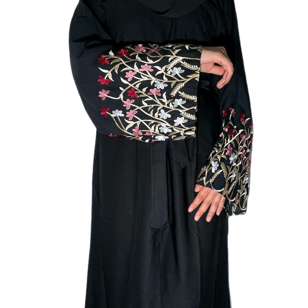 Yusra Abaya with Beautiful Flower Embroidery for Modesty in Black Elegant and Stylish