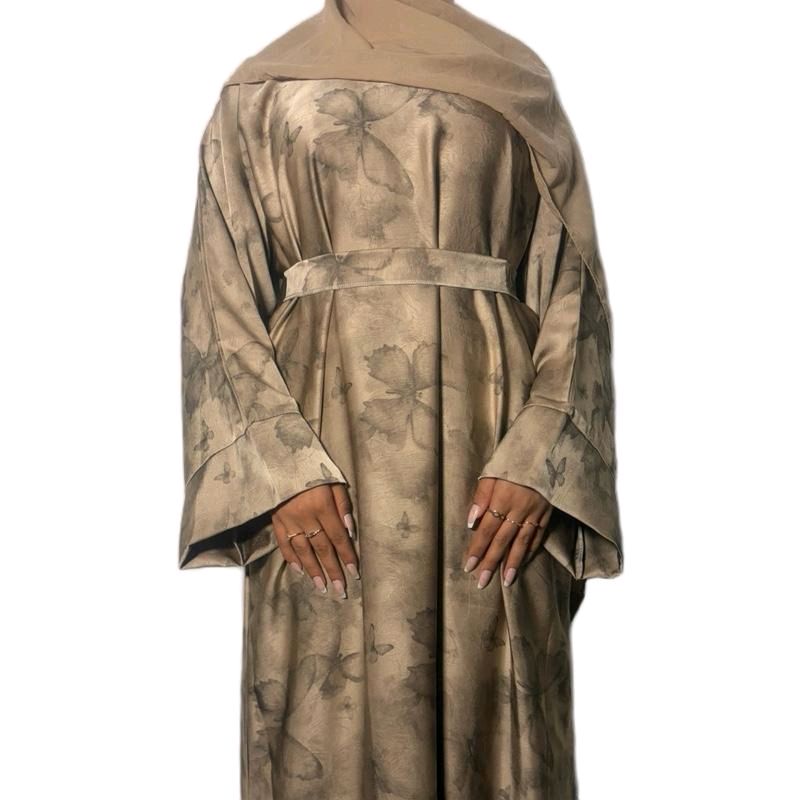Farasha Abaya with Delicate Butterfly Pattern 3 Piece Set Including Abaya Belt and Scarf