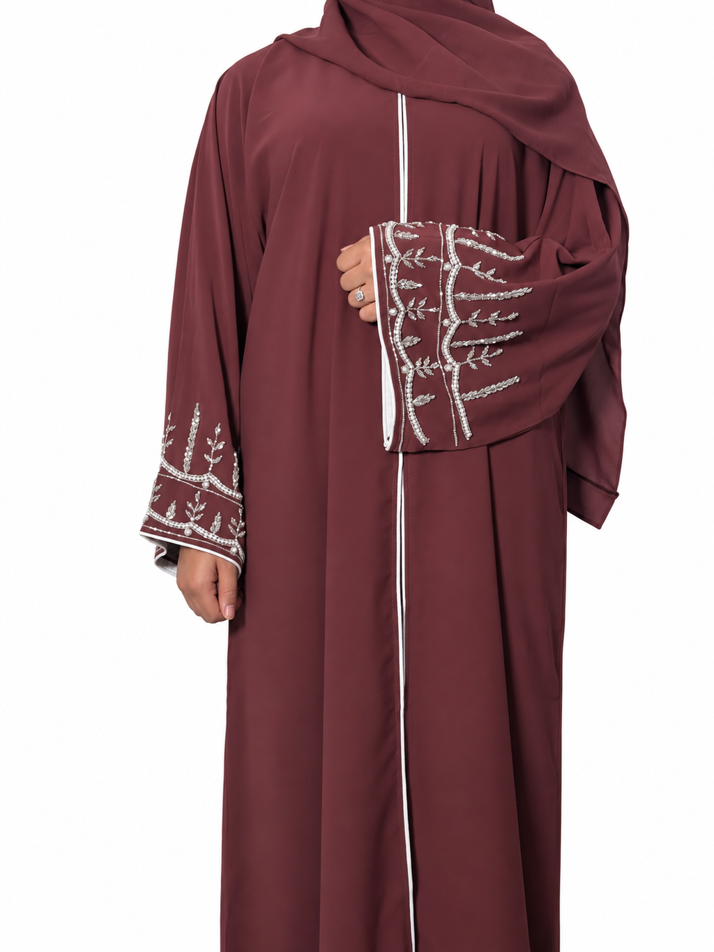 Amirah Abaya with Silver Embellishments, Matching Scarf & Belt – Elegant Party Wear