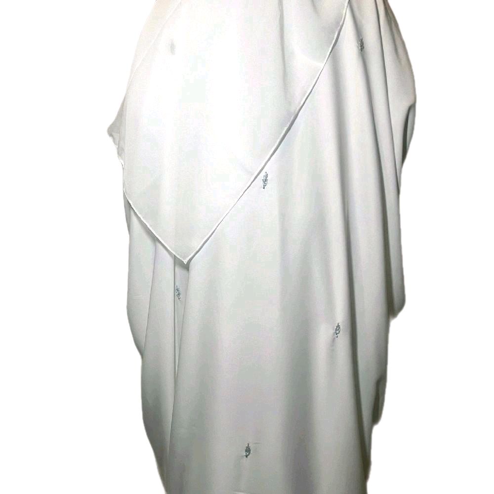 Huma Abaya in White with Silver Embellishments Scarf and Inner Slip Elegant Abaya Nikaah abaya love