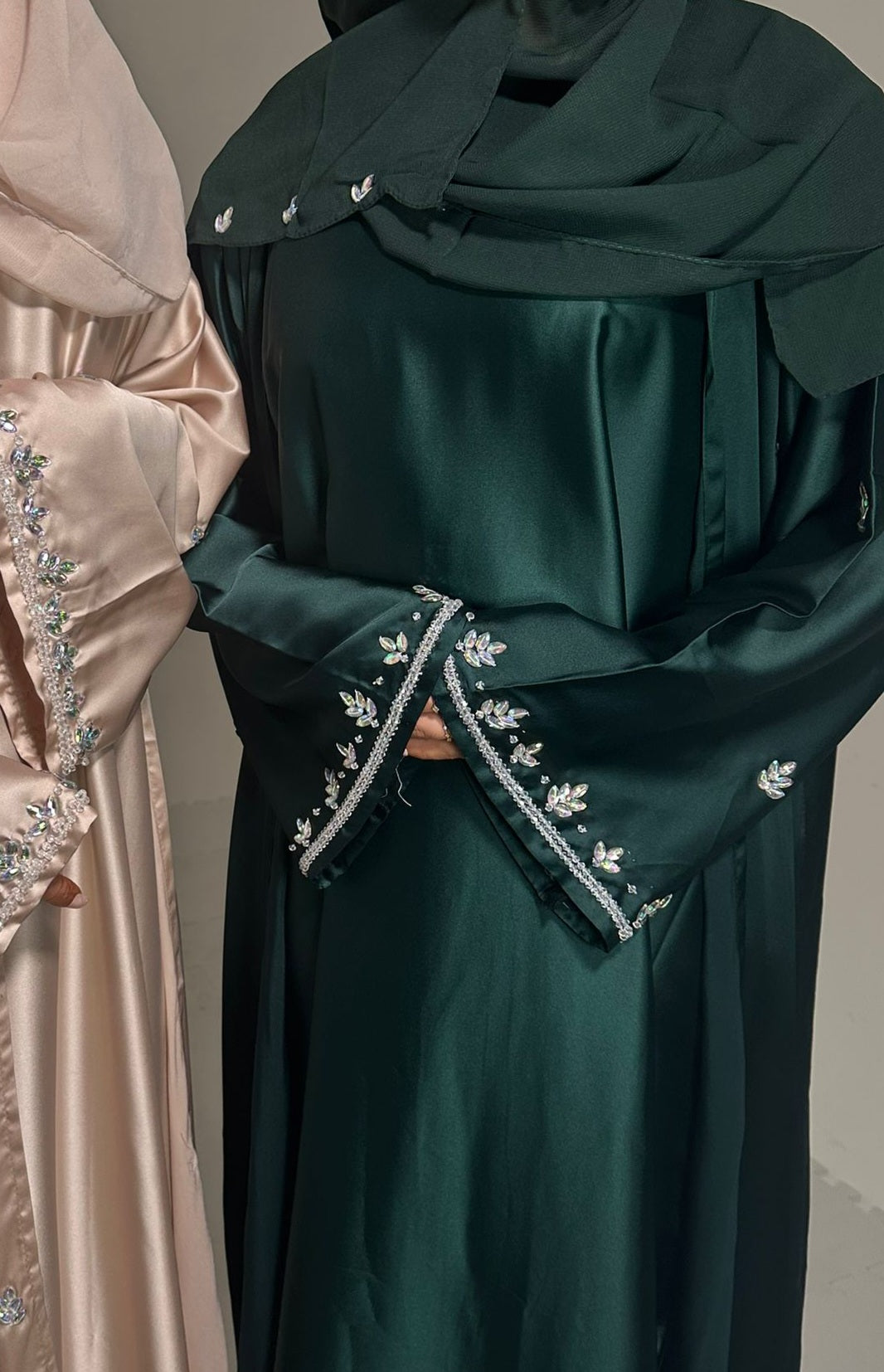 Amani Abaya with in Black its Gold bead Champagne, Emerald green Silver Beads Scarf Inner Slip and Outer Abaya For Any Occasion